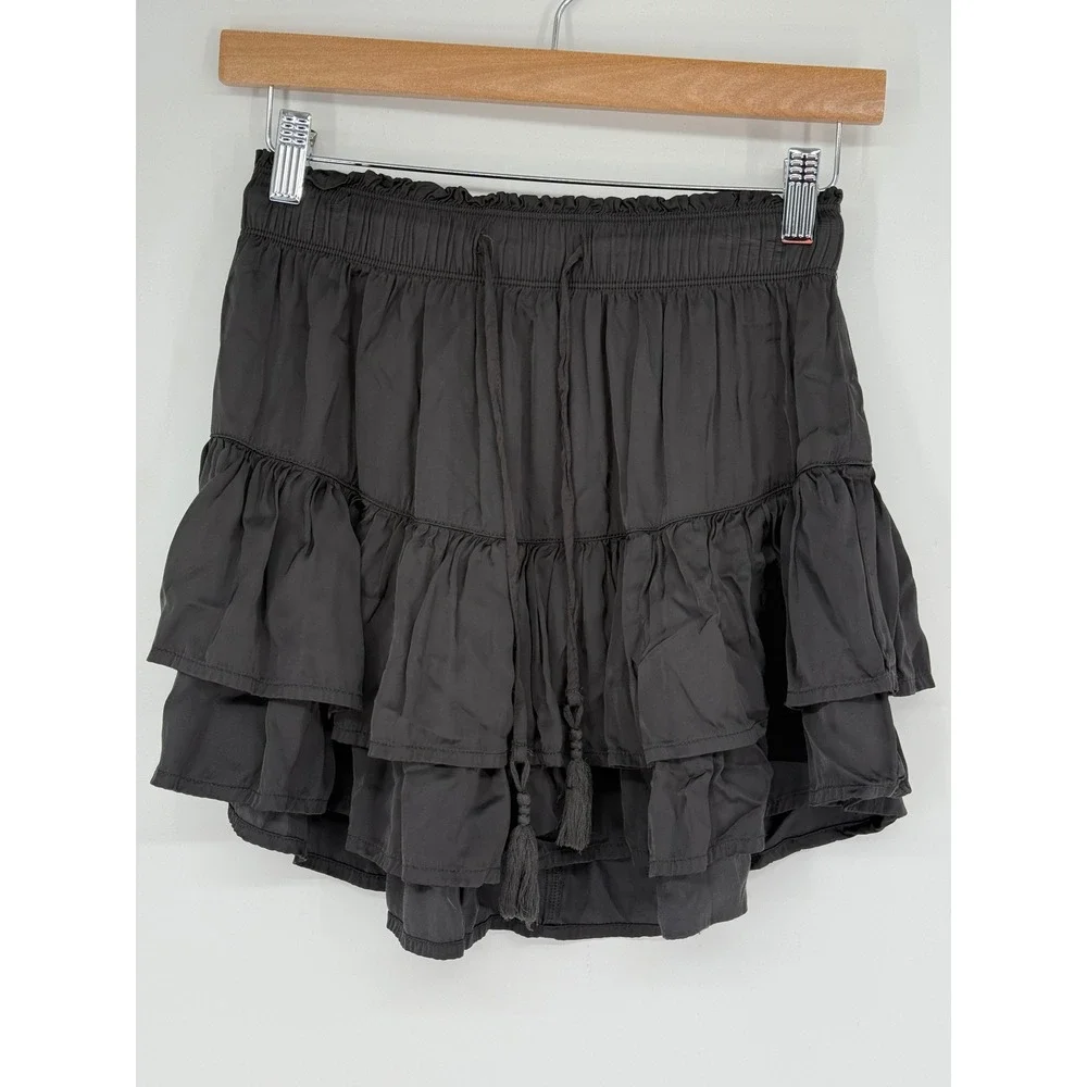 Aerie Womens Charcoal Grey Tiered Ruffle‎ Mini Skirt Silky Viscose Smocked XS